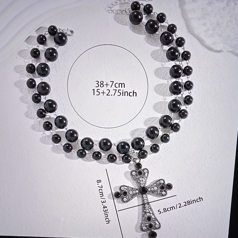 Black Beaded Necklace with Cross Pendant - Picture 2 of 6